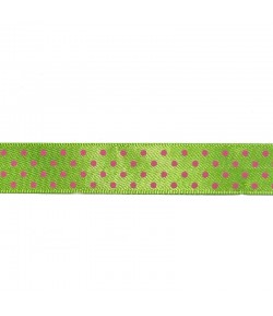 RUBAN VERT A POIS ROSE 1.6 CM - 1 METRE