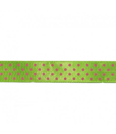 RUBAN VERT A POIS ROSE 1.6 CM - 1 METRE