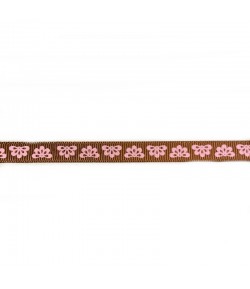 RUBAN MARRON FLEURS ROSES 0.9 CM - 1 METRE