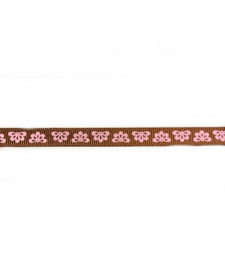 RUBAN MARRON FLEURS ROSES 0.9 CM - 1 METRE